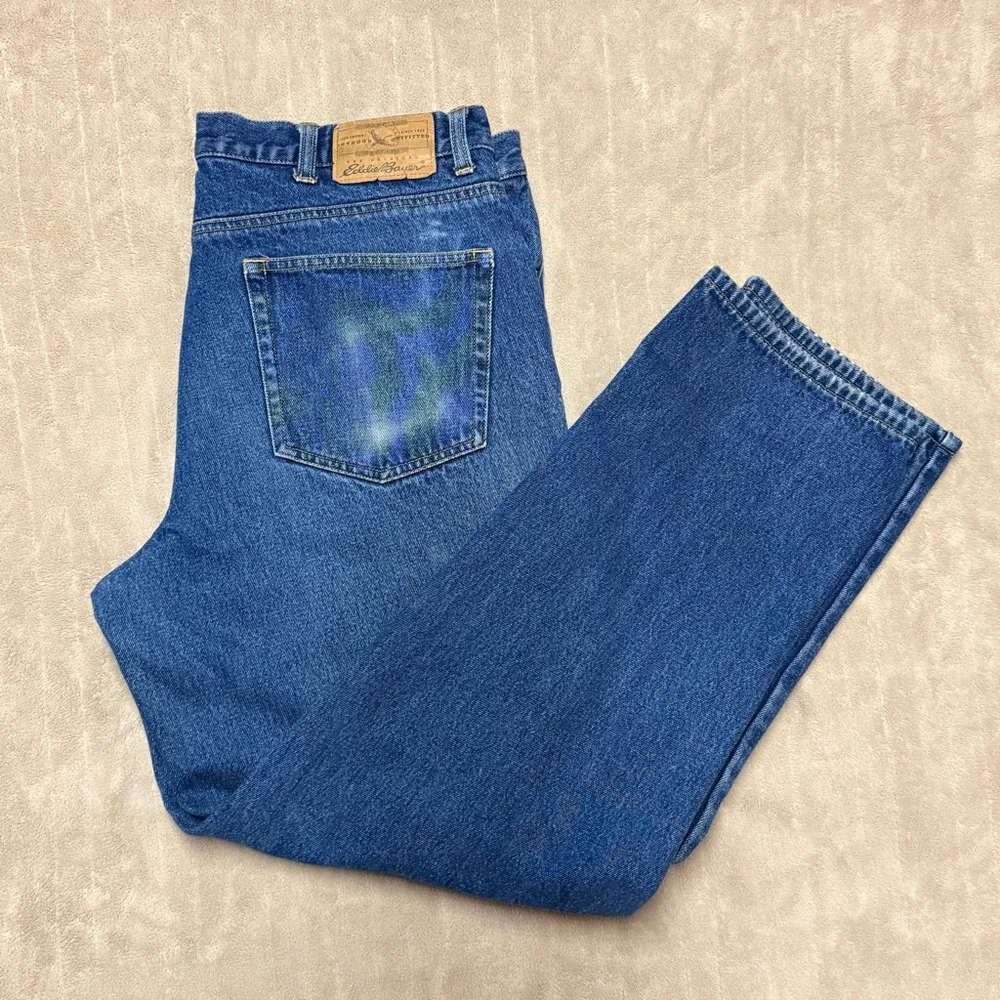 Men's Eddie Bauer Straight Jeans 38x32 Blue with Red Plaid Lining